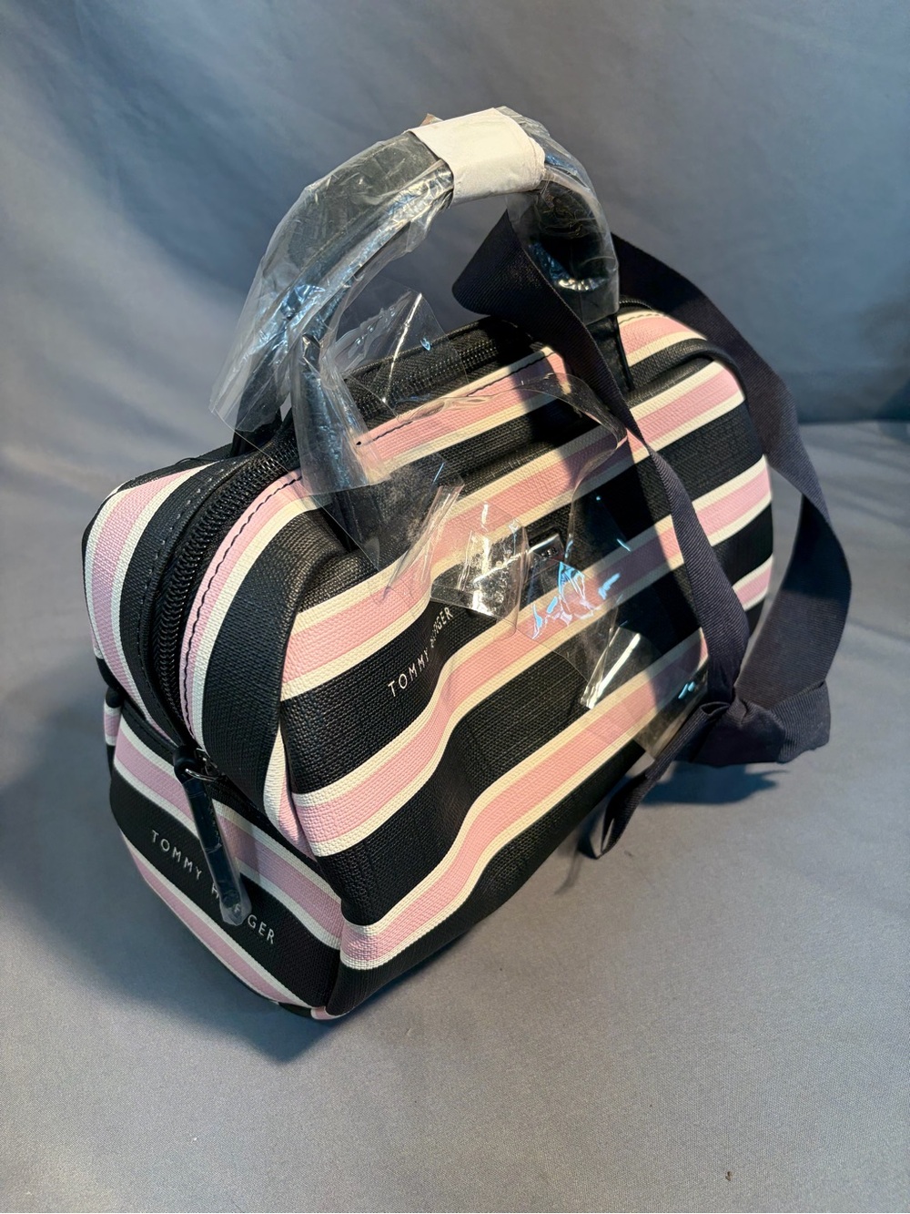 Tommy Hilfiger Black, Pink & White Striped Mini Travel Satchel
